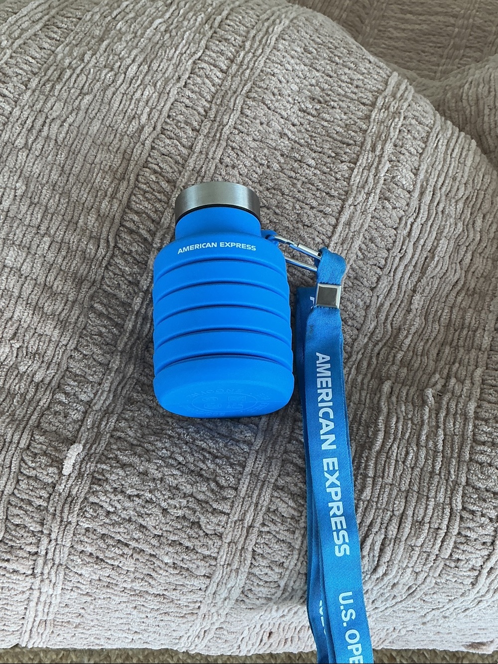 American Express Blue Collapsible Water Bottle with Branded Lanyard us open2026